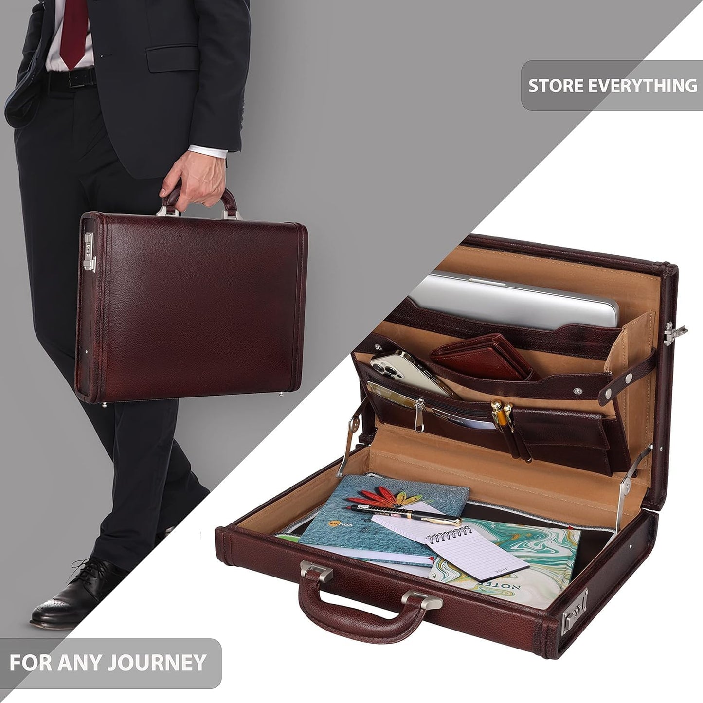 Full Grain Leather Briefcase Attache Case For Unisex Size L17xW3xH12 Inches Briefcase Bag (Brown)