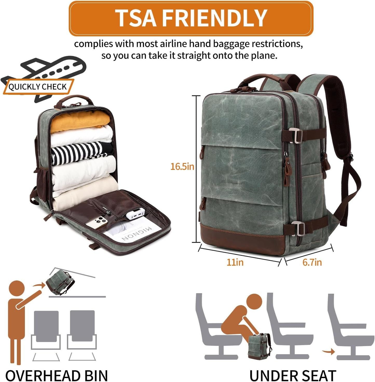 Travel Backpack for Men Carry On Backpack Flight Approved Personal Item Backpack, 17 inch Laptop Backpack Casual Daypack Weekender Business Hiking Backpack, Dark Green