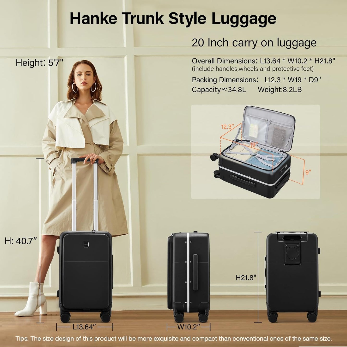 Hanke 20 Inch Carry On Luggage with Cup Holder and Charge,Top Opening Hard Shell Suitcases with