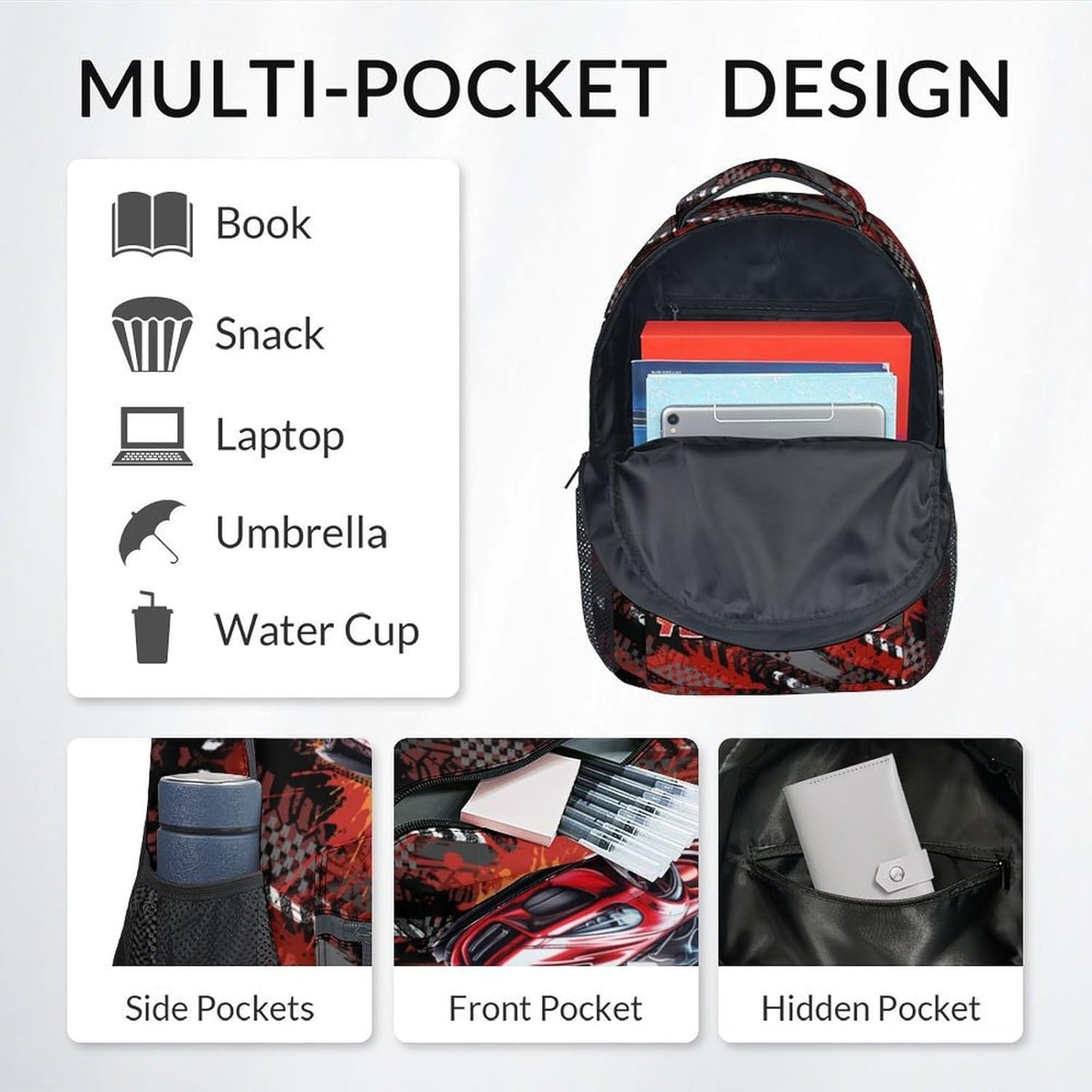 Mercuryelf Kids Bookbag with Lunch Bag and Pencil - 3 in 1 Custom Racing Car Backpack Set for Boys - 17 Inch School Backpack for Primary Middle