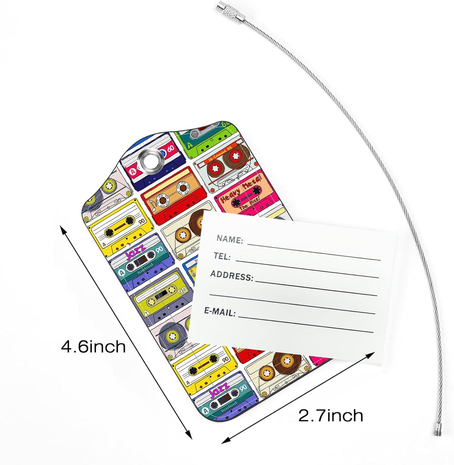 2 Pack Luggage Tags,Retro Cassettes PU Leather Idea Baggage Tag with ID Labels Privacy Cover Metal Ring Men and Women Travel Bag Labels