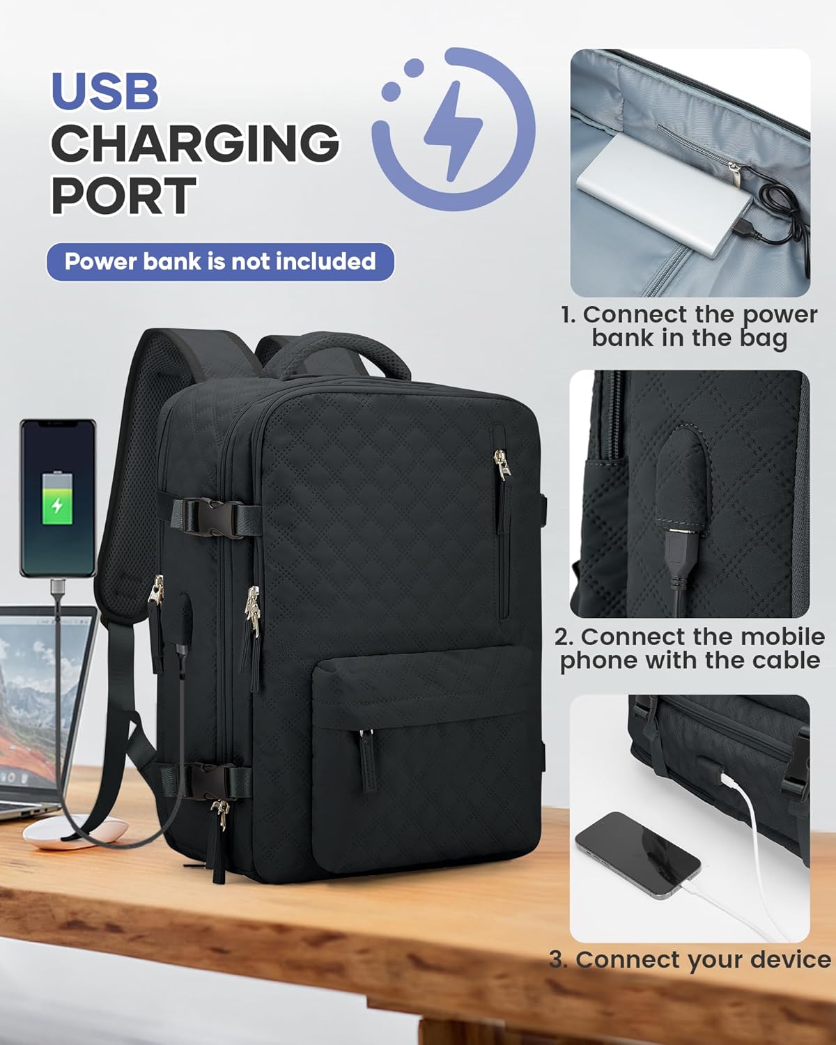 WONHOX Travel Vacuum Storage Backpack with Air Pump Vacuum Seal Compression Space Saver Bags Clothing Vacpack 18x14x8 inches Travel Bag Carry on Personal item Laptop Work Backpacks Women BlackGrey