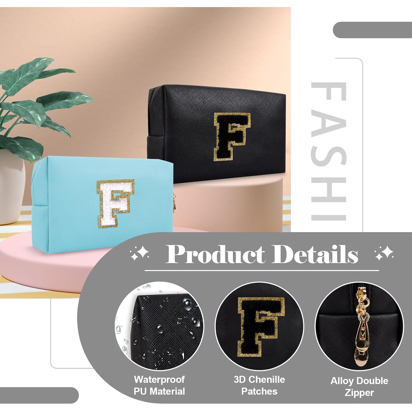 Personalized Initial A-Z Preppy Patch Makeup Bag,Small PU Chenille Letter Cosmetic Bag with Zipper
