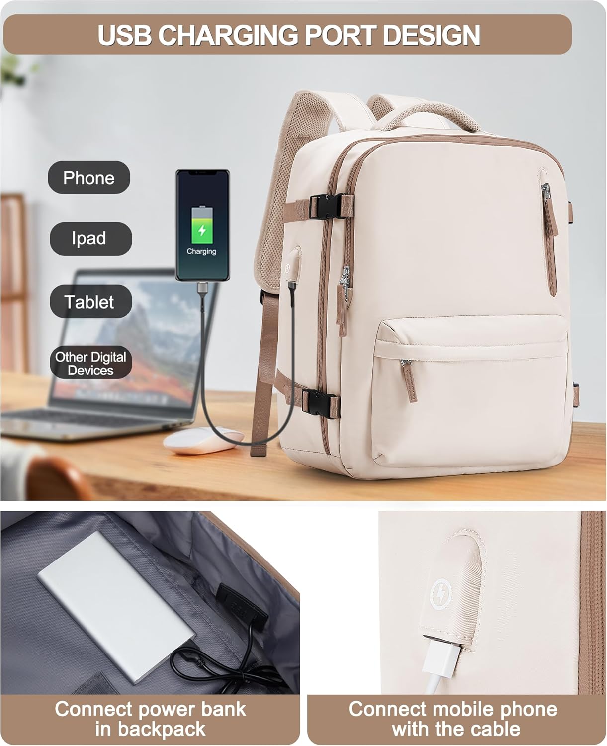 VGCUB Lightweight Travel Backpack for Women Men,Carry on Flight Approved Luggage,Water Resistant Laptop College Work Backpack Personal Item Daypack bag Mochila de Viaje,Beige with Brown