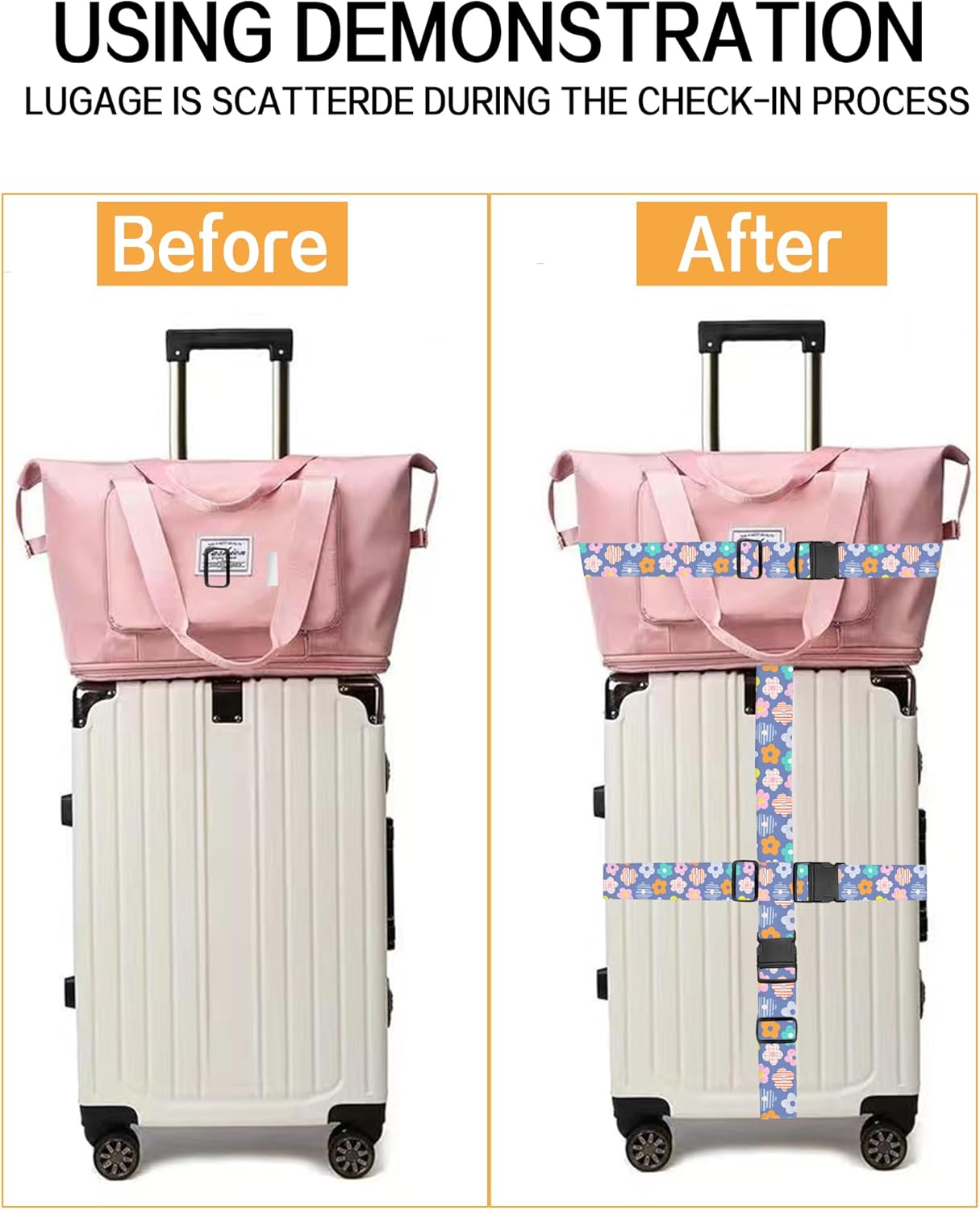 Luggage Straps for Suitcases, Adjustable Travel Belt, Durable Wide Luggage Strap, Cute Suitcase Strap Identifiers with Buckle, Bag Straps for Luggage, Colorful Cute Flowers