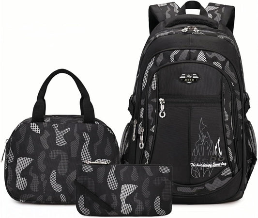 3Pcs Camo-Print Primary School Backpack and Lunch-Bag Set for Boys Camouflage Elementary Bookbag Rucksack Waterproof