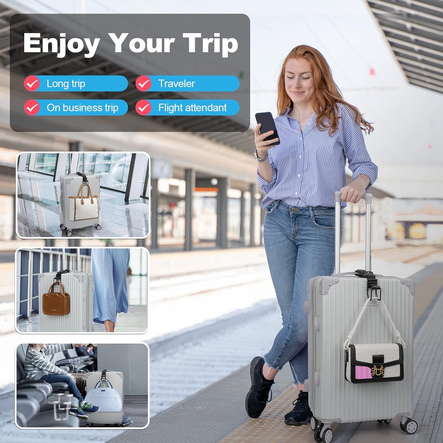 Luggage Hook Strap, J Hook Luggage Strap Flight Attendant with Hands Free, Adjustable Travel Luggage Straps for Add a Bag Hook (Black-2PCS)