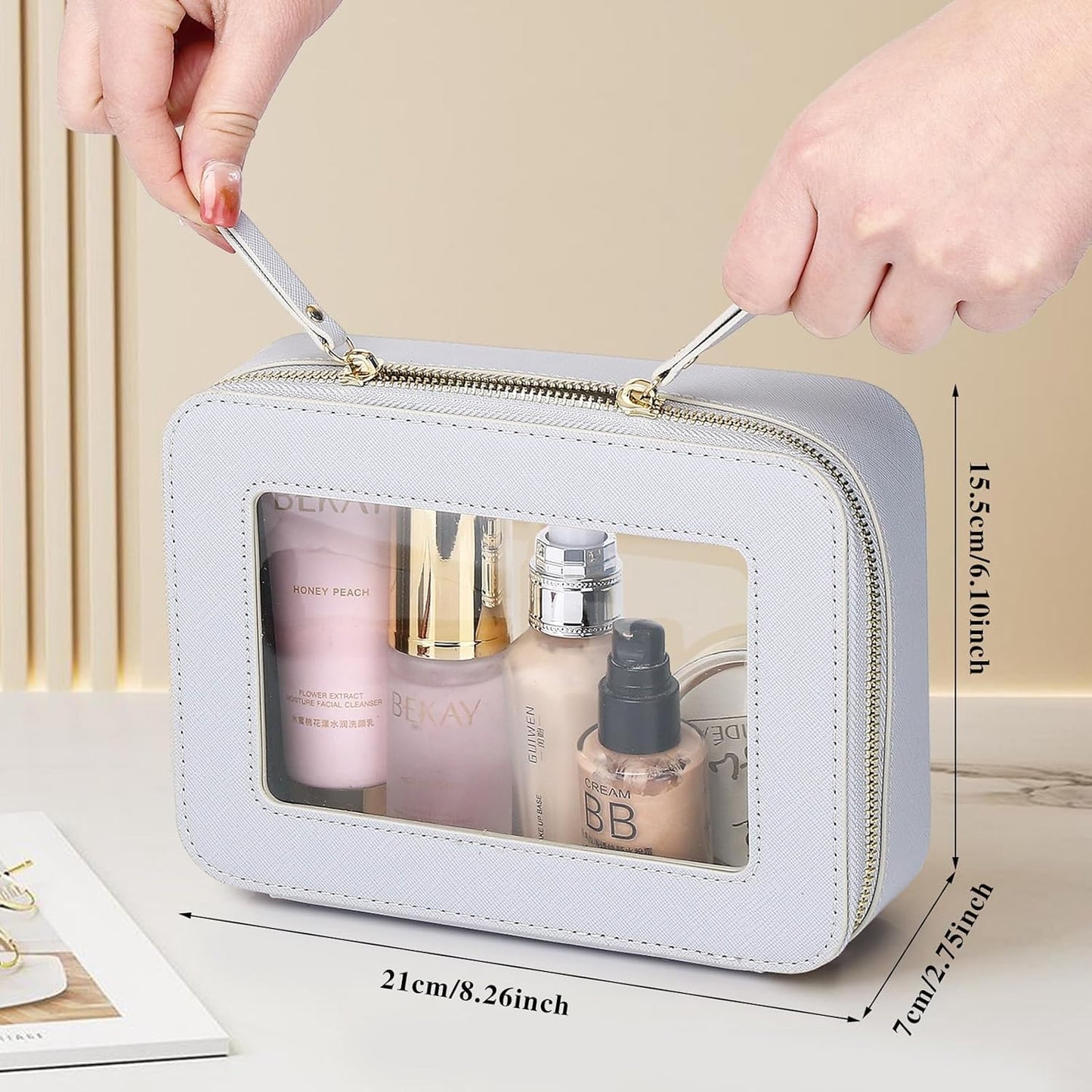 Clear Makeup Bag Women's Waterproof Travel Cosmetic Case and Toiletry Bag Portable Makeup Organizer Bag for Car with Zipper (Gray, M)