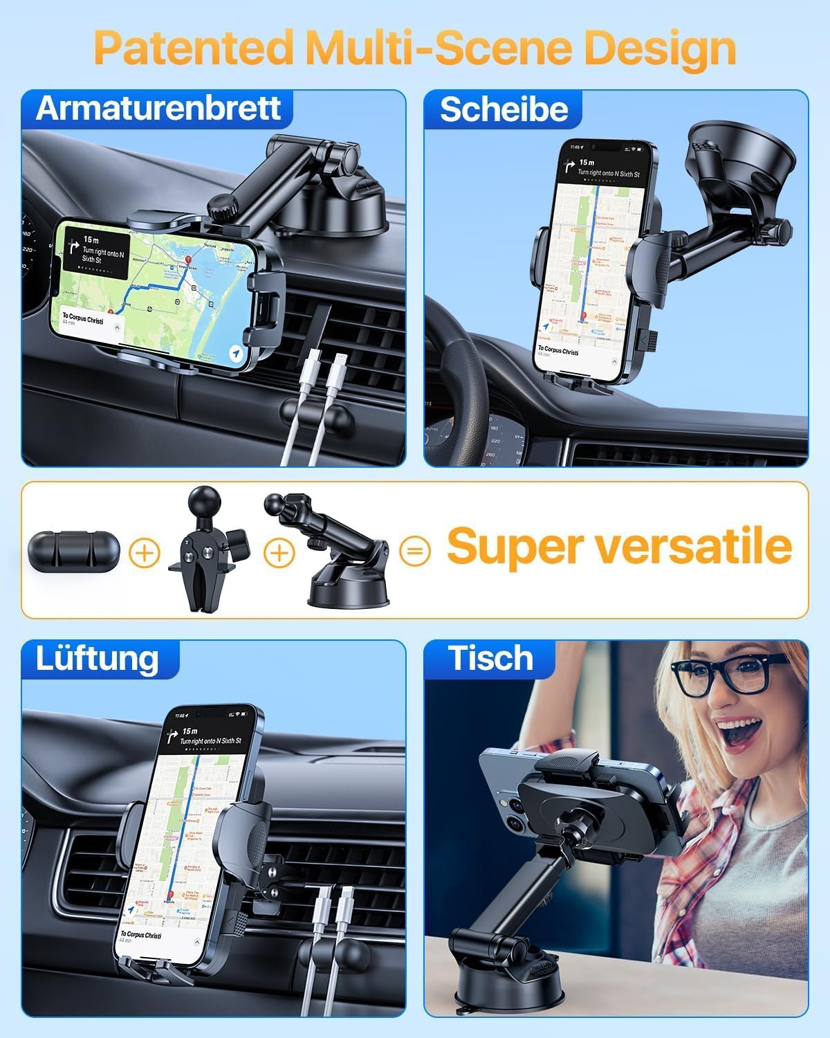 YRU [True Upgrade for Safety] Car Phone Holder Mount [Patent & Military-Grade] Dashboard Cell Phone Holder for Car Vent Windshield Phone Stand for iPhone 17 16 15 14 13 Pro Max Truck Samsung, Blue