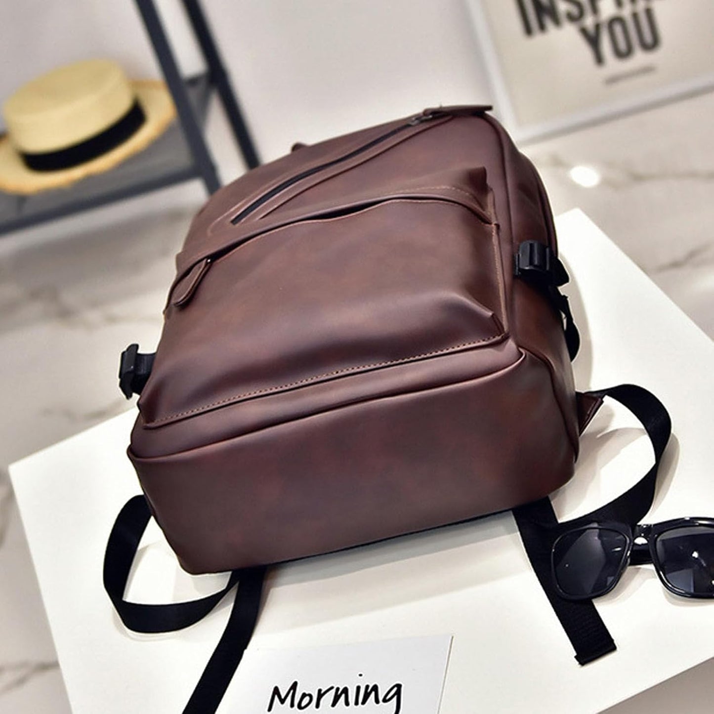 Mens Leather 16.1 inch Laptop Bag Travel Casual Computer Backpack College Business Work Shoulder Bags Waterproof (Brown)