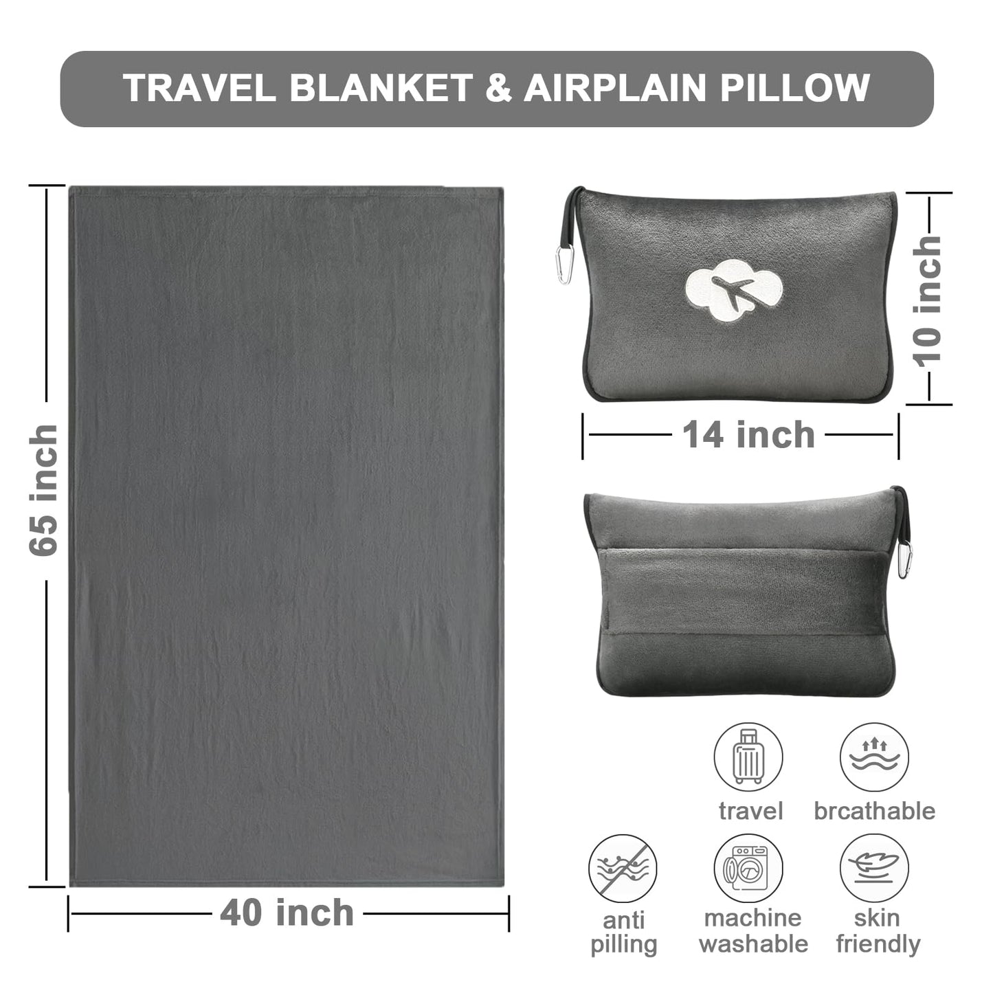 Travel Blanket and Pillow Compact, Premium Soft 2 in 1 Airplane Blanket with Soft Bag