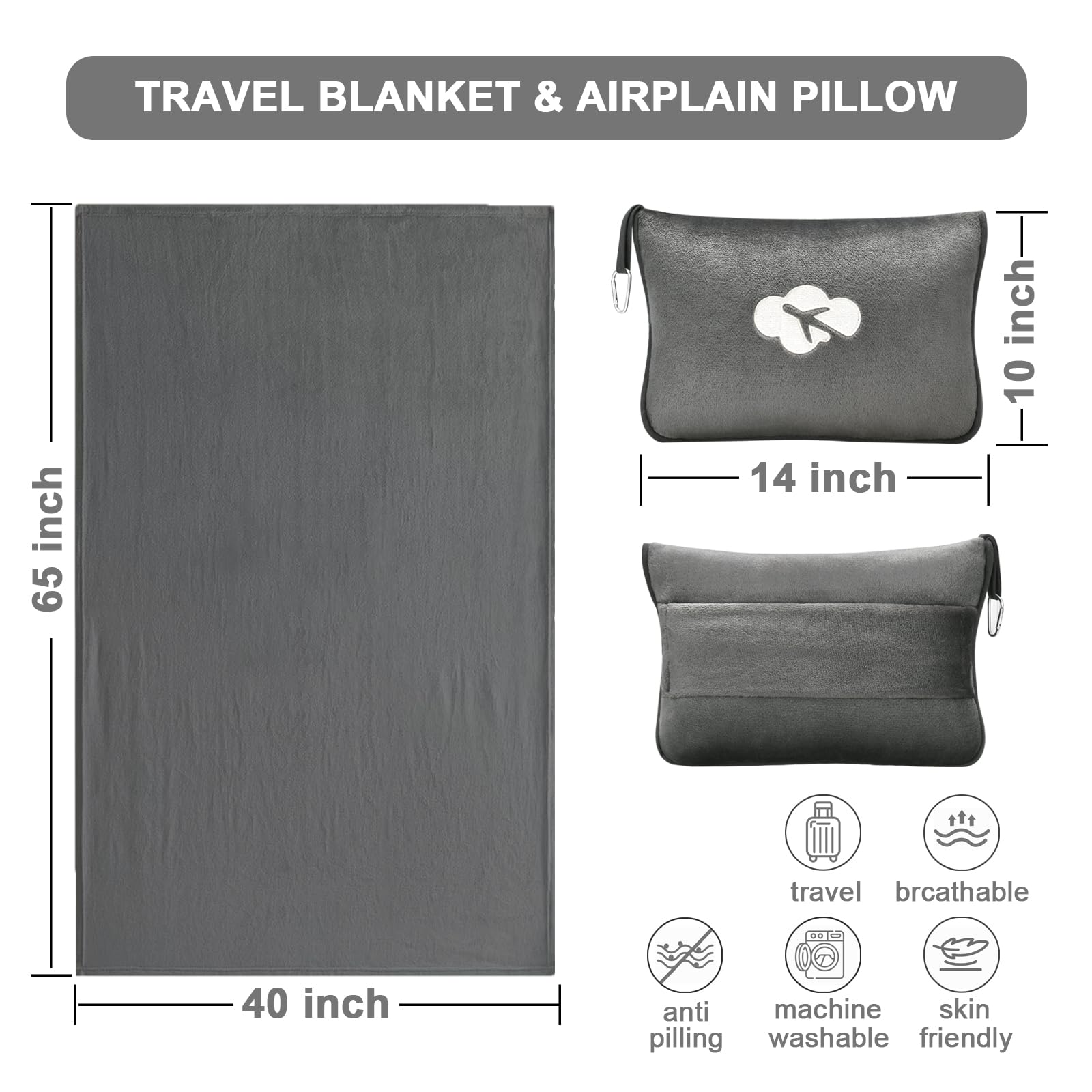Travel Blanket and Pillow Compact, Premium Soft 2 in 1 Airplane Blanket with Soft Bag