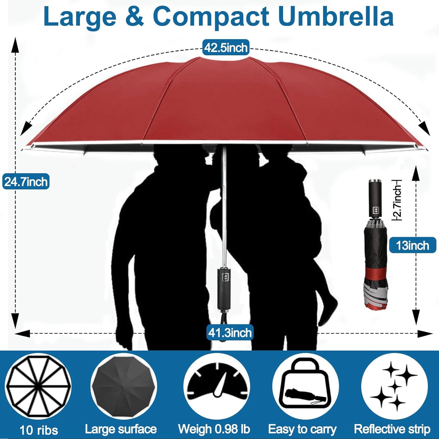 Travel Umbrella for Rain, Automatic Folding Windproof Umbrella with Case - Compact Reverse with 360° Reflective Stripe, Light & Portable Durable for Women & Men