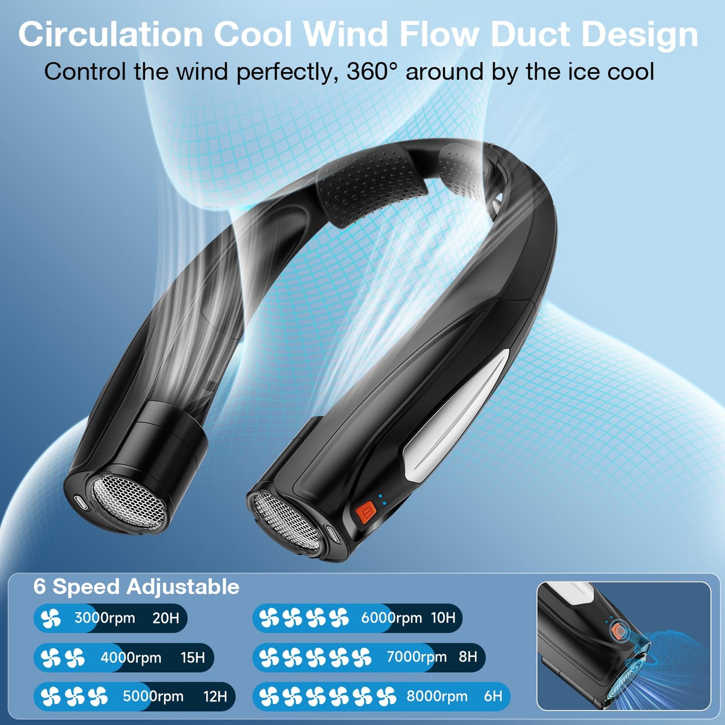 Hionly AI Neck Fan, 6 Speeds Adjustable Portable Personal Fan Rechargeable, Faster Cooling Wearable