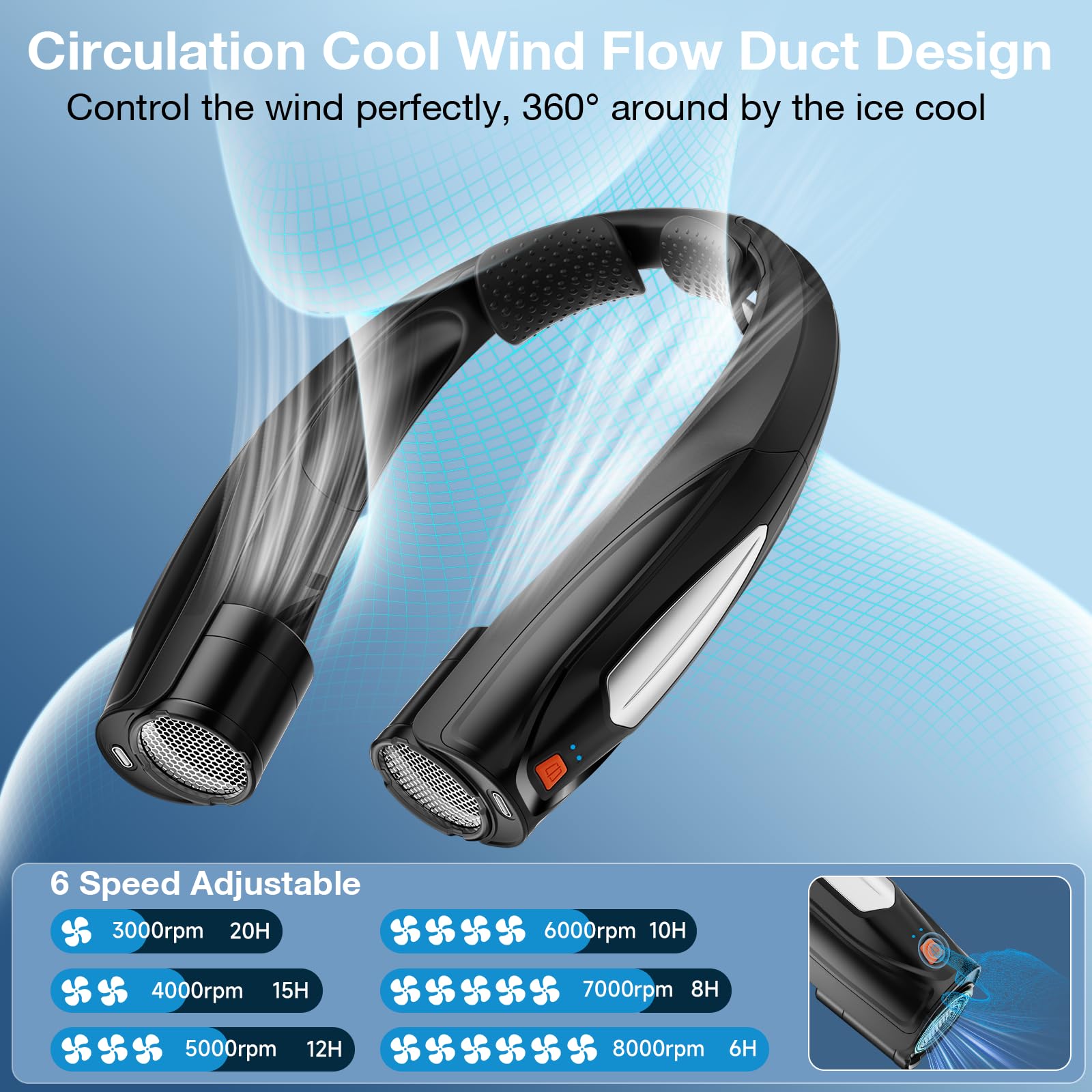 Hionly AI Neck Fan, 6 Speeds Adjustable Portable Personal Fan Rechargeable, Faster Cooling Wearable
