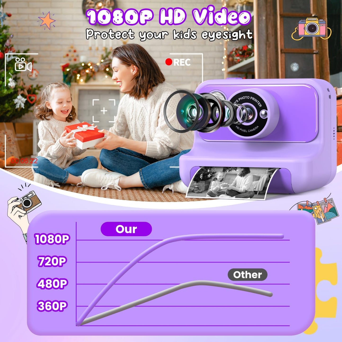 Kids Camera Instant Print, Christmas Birthday Gifts for Girls and Boys, 1080P HD Video Digital Kids