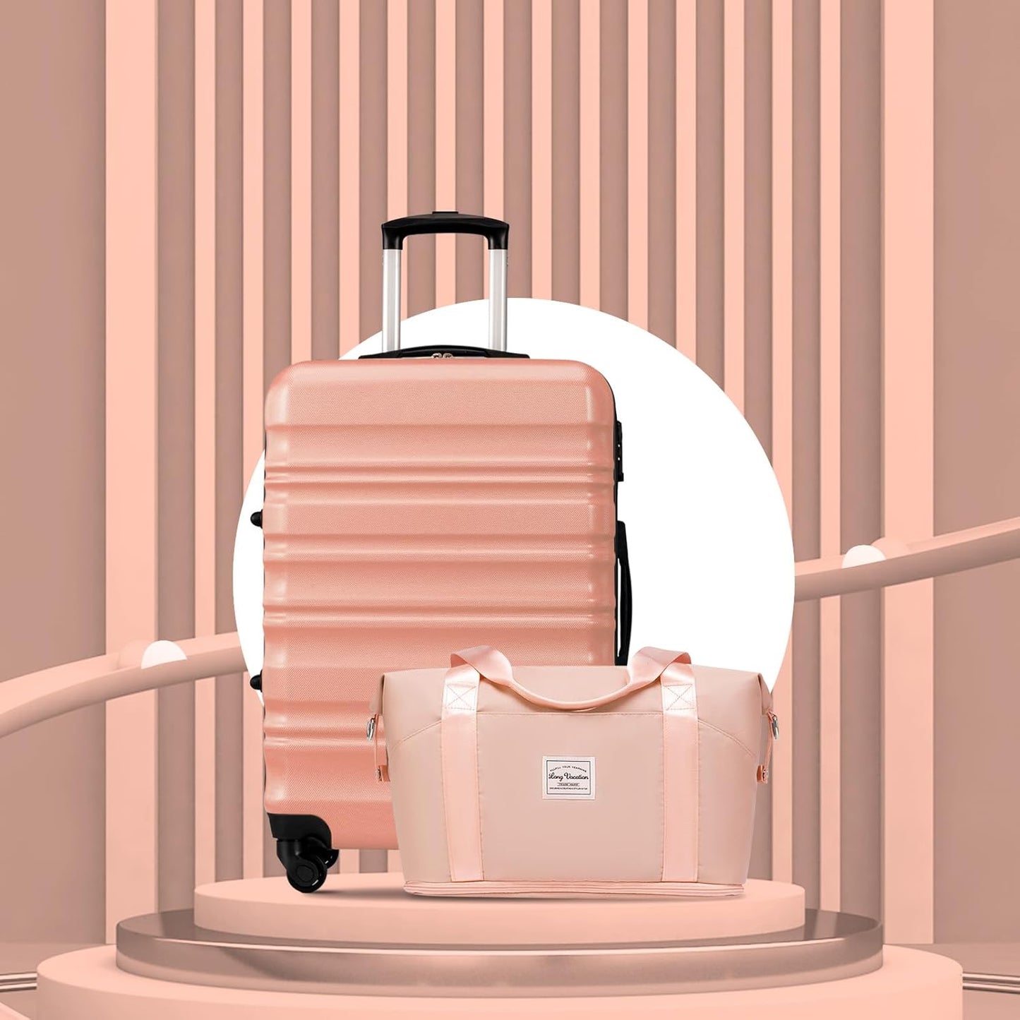 LONG VACATION 6 Piece Luggage Set Carry on Suitcase with ABS+PC hardshell, Spinner Wheels & YKK Zipper TSA Lock (PINK, 6 piece set)