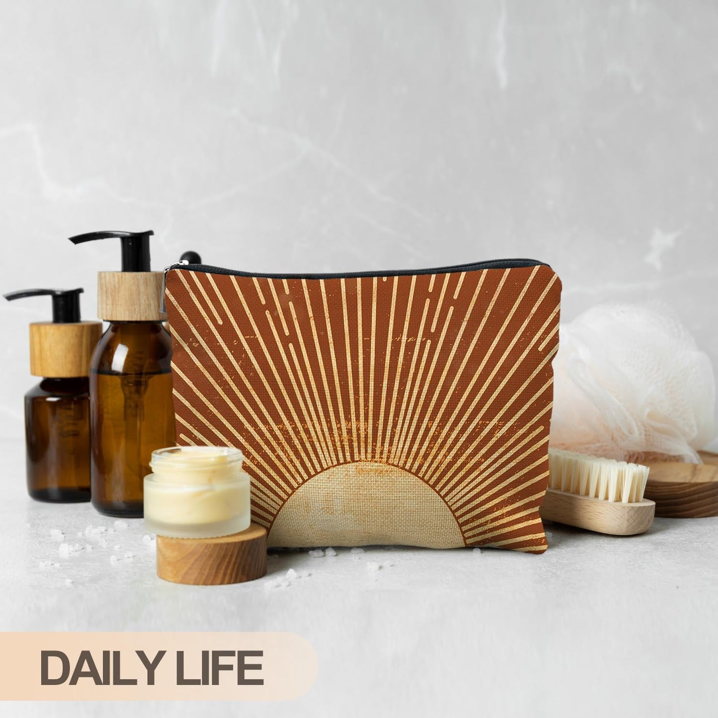 Sunshine Ray Boho Makeup Bag, Granola Girl Gifts, Vintage Orange Boho Neutral Sun boho Bags for