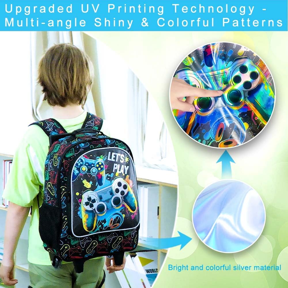 3PCS Rolling Backpack for Girls and Boys， Kids Unicorn Dinosaur Wheeled Bookbag