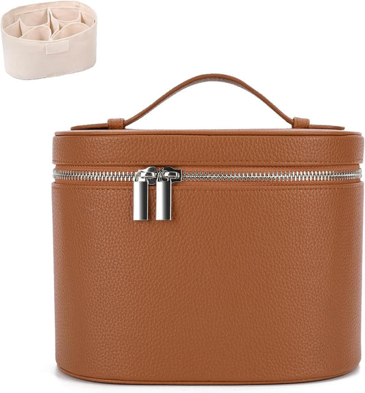 Leather Make Up Bags With Compartments, Brown travel Cosmetic Bags for Women, Parallel Makeup Travel Bags Organizer Equipped With a Detachable Divider