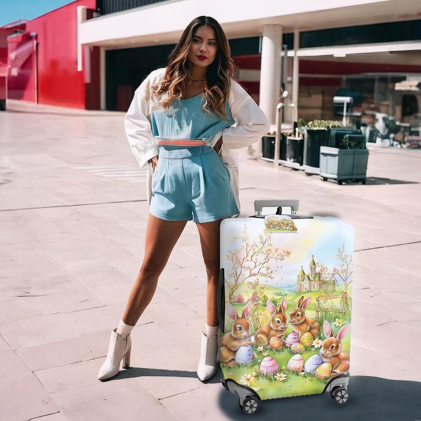 Travel Luggage Cover,Easter Rabbit Theme Suitcase Cover Accessory Kit, Luggage Tag, and Comfortable Luggage Handle Wrap, Washable Zipper Close Luggage Suitcase Protector (18-20 inch,S)