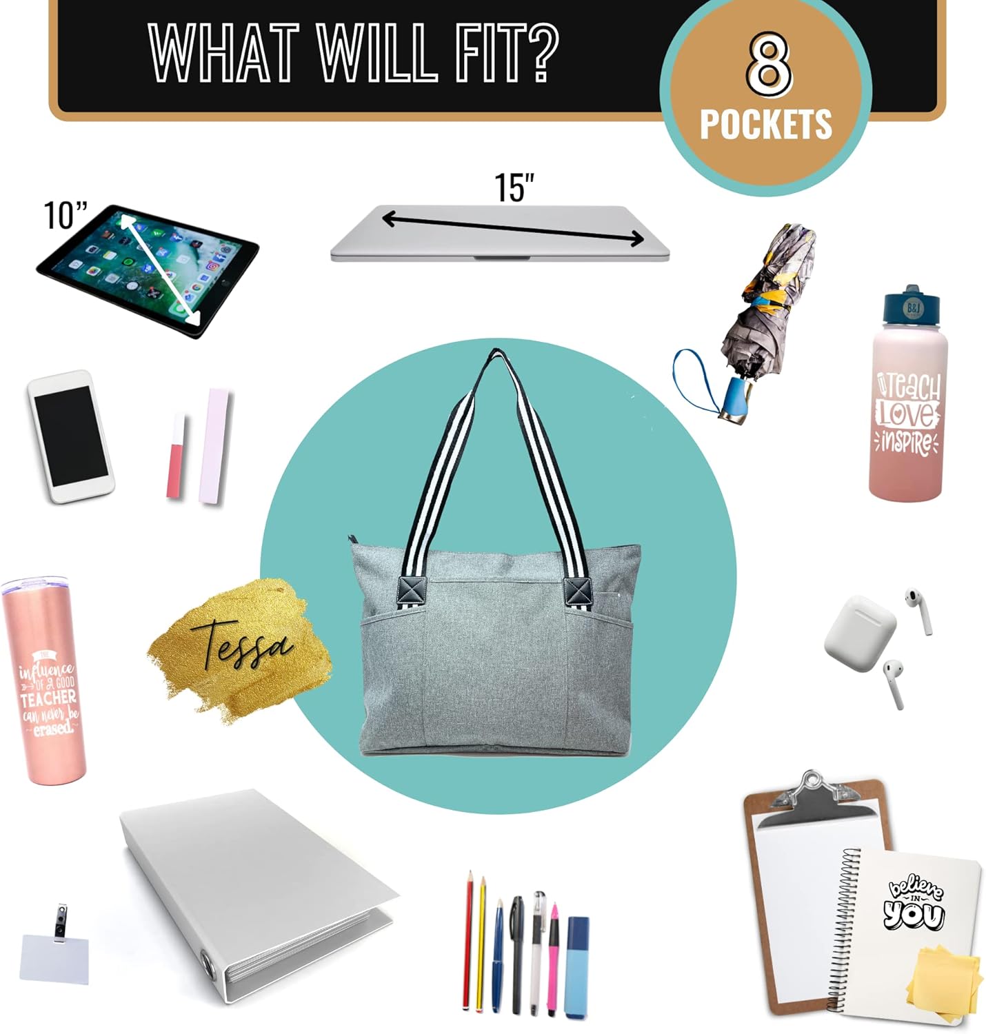 Brooke & Jess Designs Teacher Tote Bag for Work - Teacher Handbag Gifts for Women, Teacher Bag Best Teacher Appreciation Gift