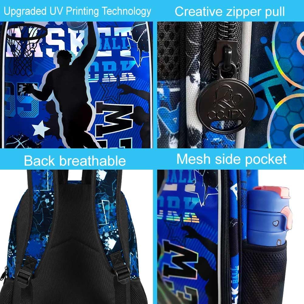 AGSDON 3PCS Boys Backpack, 17" Basketball Kids Bookbag with Lunch Box, Backpacks with Water Resistant and Lightweight for Teenagers