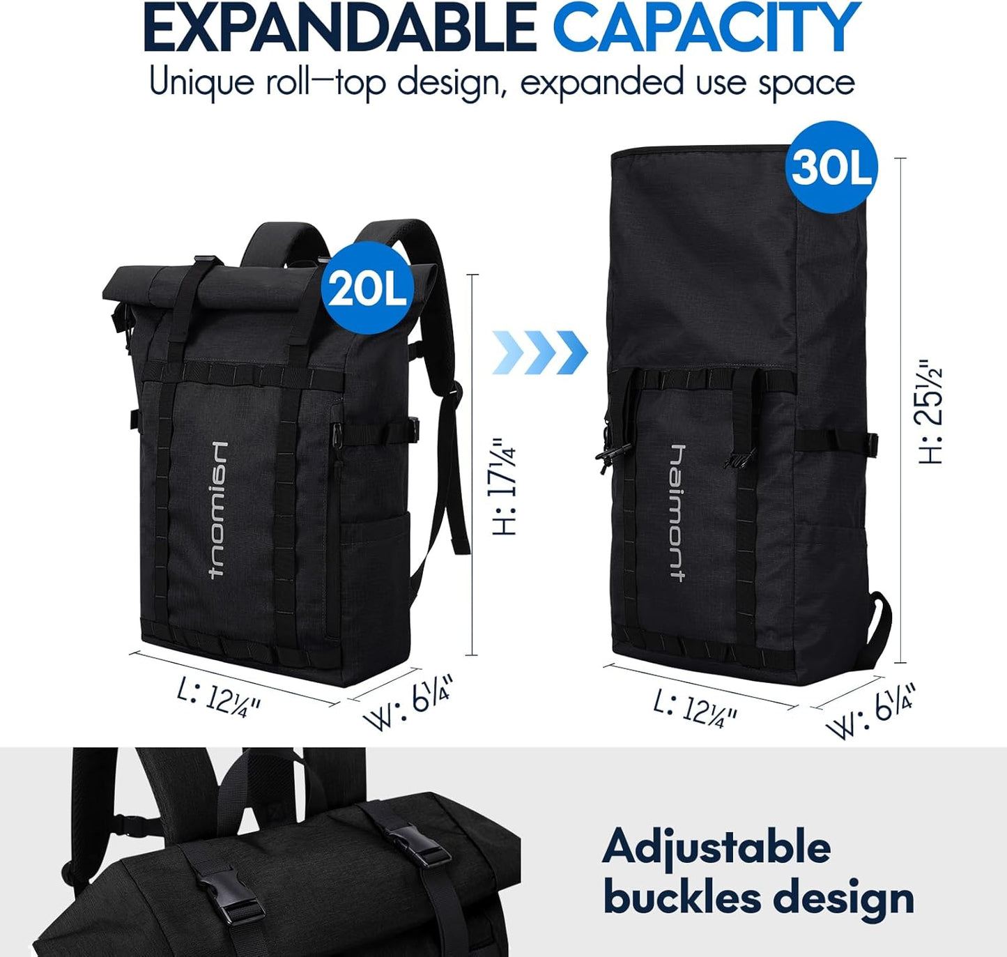 Haimont Rolltop Backpack for Men Women Water-Resistant Carry on Travel Backpack Casual Daypack with Laptop Compartment for Work Trip Hiking, 20L, Black