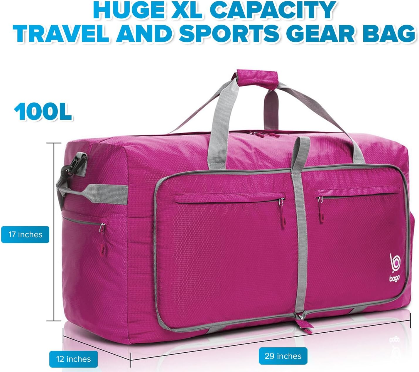 Bago Big XXL Foldable Duffel Bags for Traveling Women & Men - 140L Packable Duffle Bag for Travel with Shoe Compartment - Water Repellant, Heavy Duty, Lightweight Folding & Collapsible (Pink)
