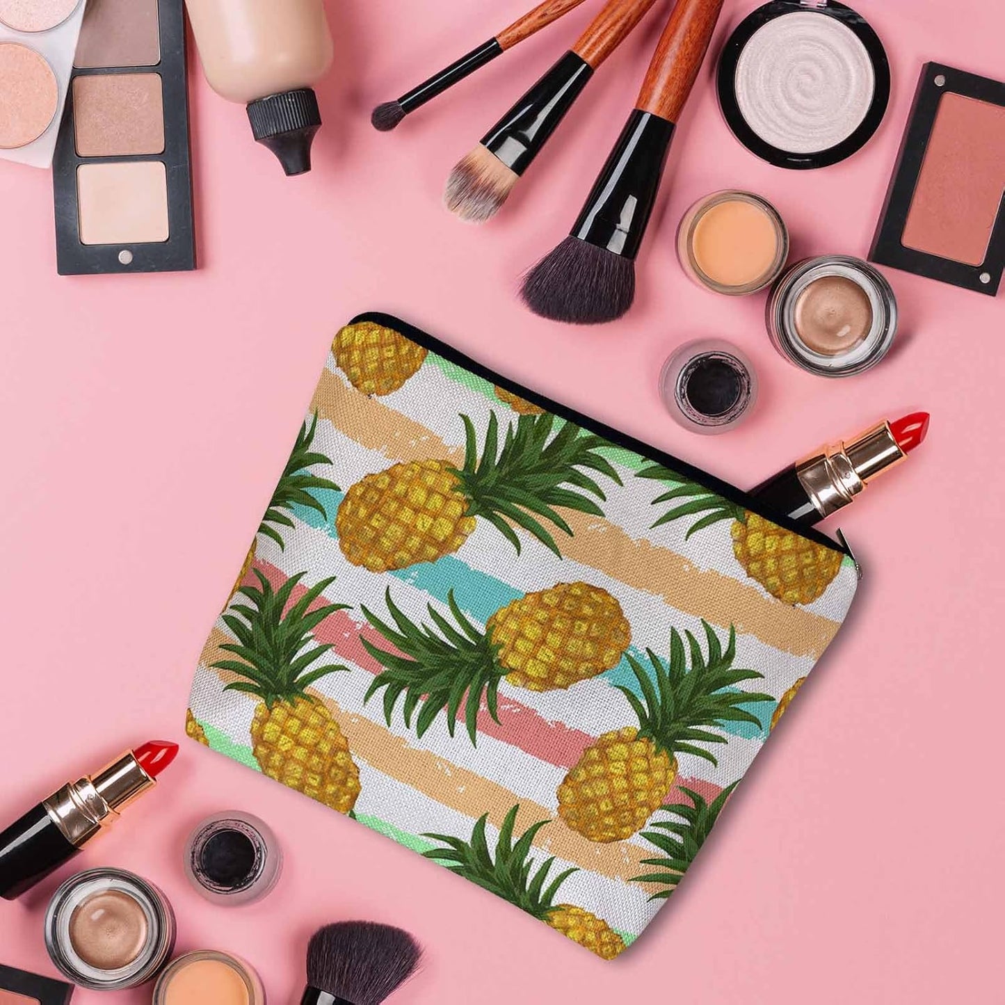 Pineapple Makeup Bags Makeup Organizer, Tropical Pineapple Yellow Flax Toiletry Bags Travel Cosmetic Bag Makeup Purse Pouch Skincare Bag Wallet Bags For Women Female Mom Daughter