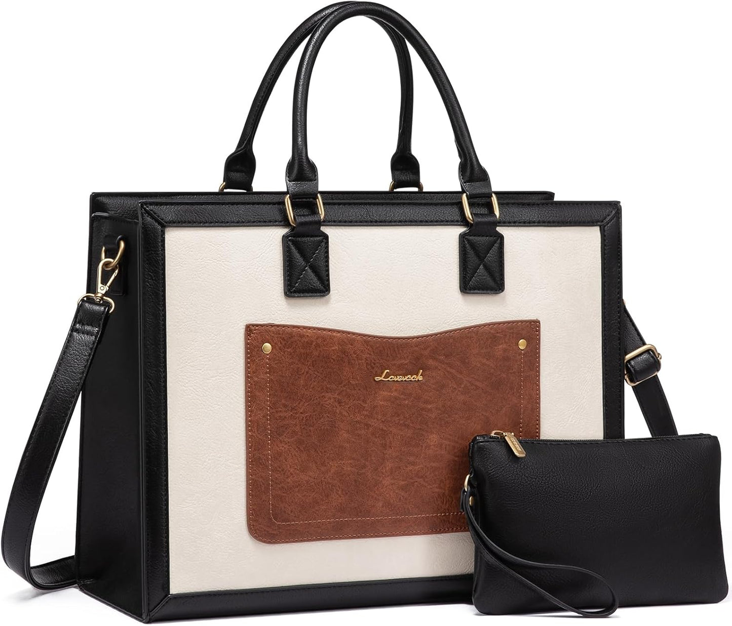 LOVEVOOK Laptop Tote Bag for Women, 15.6 Inch Work Bags, Vintage Leather Tote Bag, Waterproof Computer Bags with Clutch Purse, Large Capacity Messenger Bag for Teacher College Business Office