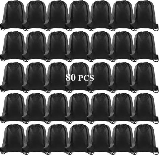 KUUQA 80Pcs Black Drawstring Backpack Bag Sack Drawstring Bags Bulk String Bags Storage Bags for Sport Gym Traveling