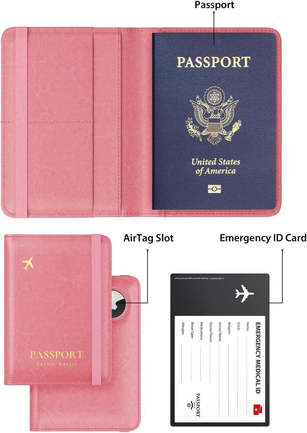 Stouchi AirTag Passport Holder, Cute Passport Holder with Airtag Slot, RFID Passport Wallet Cover for Women, Family Leather Passport Protector Case, Anti-Lost Travel Essentials, Pink