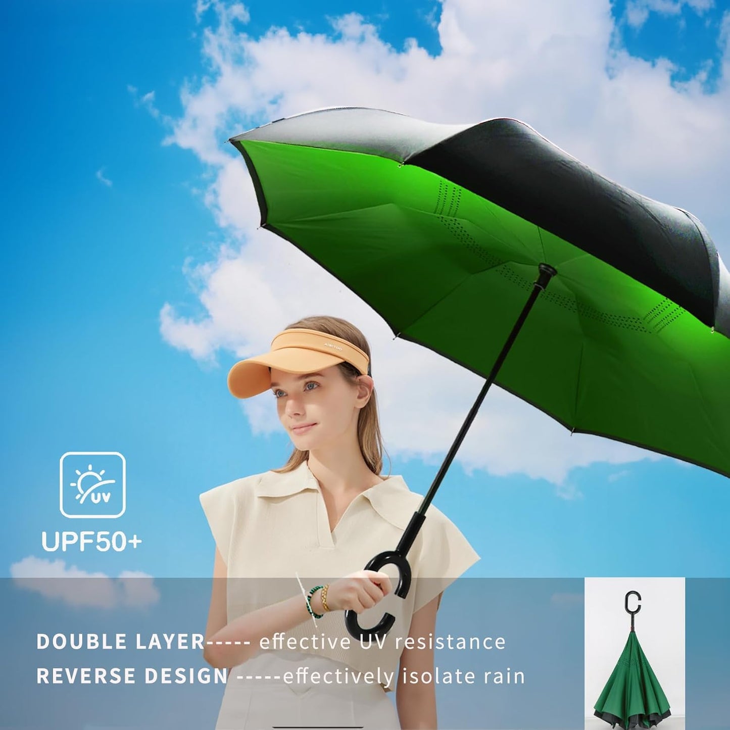 SIEPASA 49/56 Inch Inverted Reverse Upside Down Umbrella, Extra Large Double Canopy Vented Windproof Waterproof Stick Golf Umbrellas with C-shape Handle.