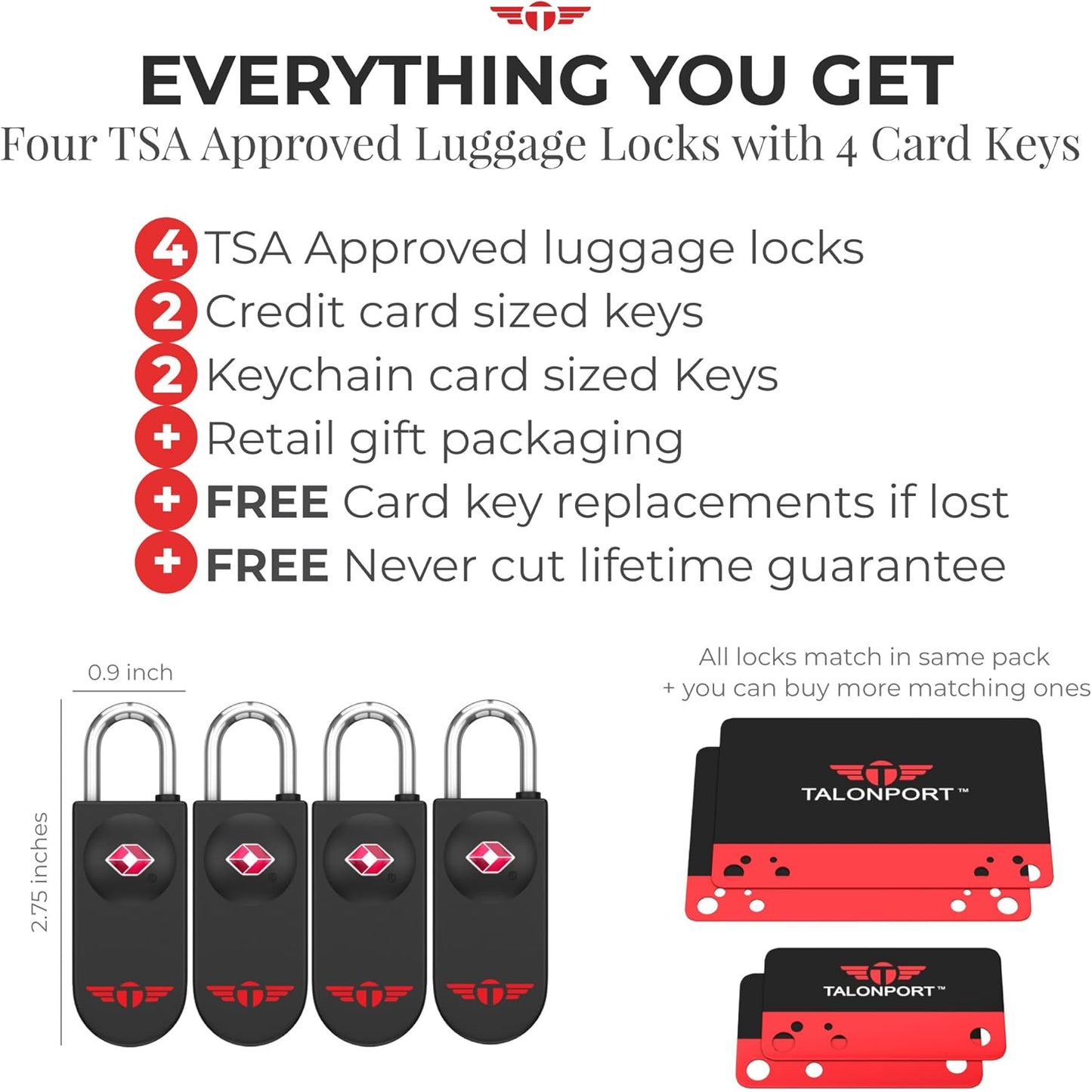TSA Locks for Luggage – Keyless Luggage Locks TSA Approved, No Combination Needed, Lifetime Card Keys, Durable Metal Suitcase Lock for Travel Essentials & Checked Bags (Black, Four Pack)