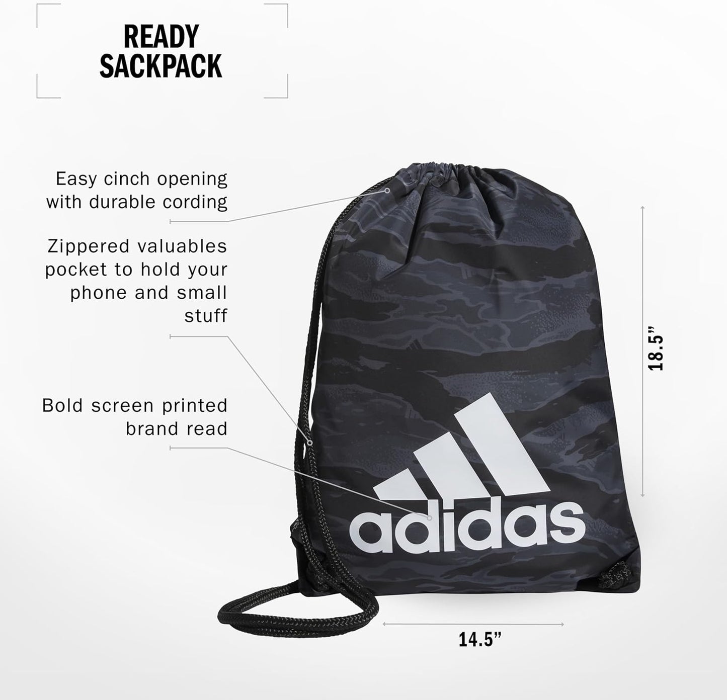 adidas Ready Sackpack – Drawstring Backpack Lightweight Small Gym Bag, Essential Camo Black/White/1.0, One Size