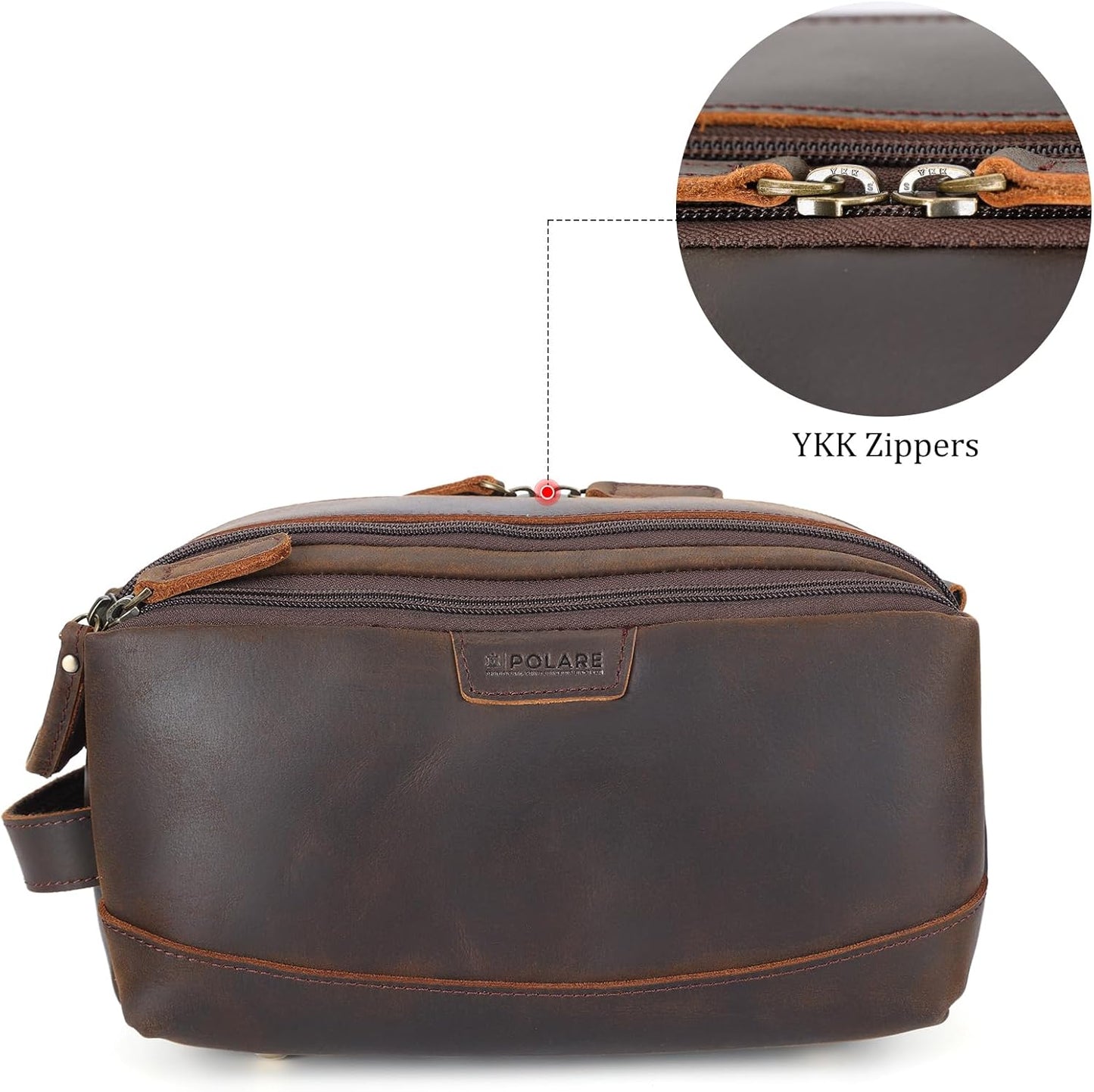 Polare Full Grain Leather Toiletry Bag for Men Large Travel Cosmetic Case Dopp Kit Shaving Kit Wash Pouch with YKK Zippers