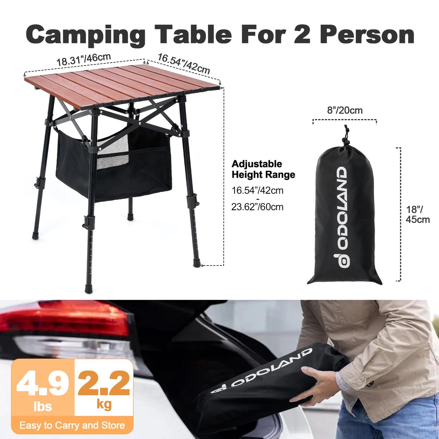 Odoland Portable Camping Table, Folding for Beach Outdoor Adjustable Height