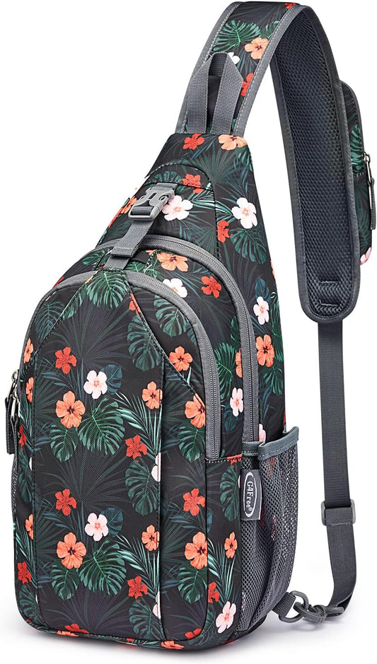 G4Free Sling Bag RFID Blocking Sling Backpack Crossbody Chest Bag Daypack for Hiking Travel(Black Base Floral)