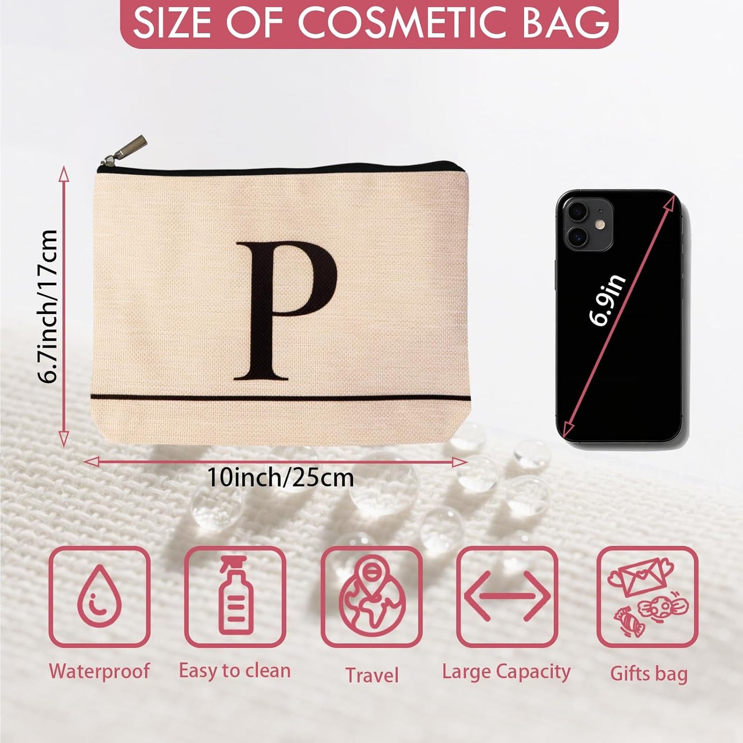 Letter A-Z Initial Personalized Makeup Bags, Birthday Gifts for Women, Monogrammed Gifts for Women Mom Sister Best Friend Bride Bridesmaid, Mothers Day, Christmas, Small Travel Cosmetic Bag (P)