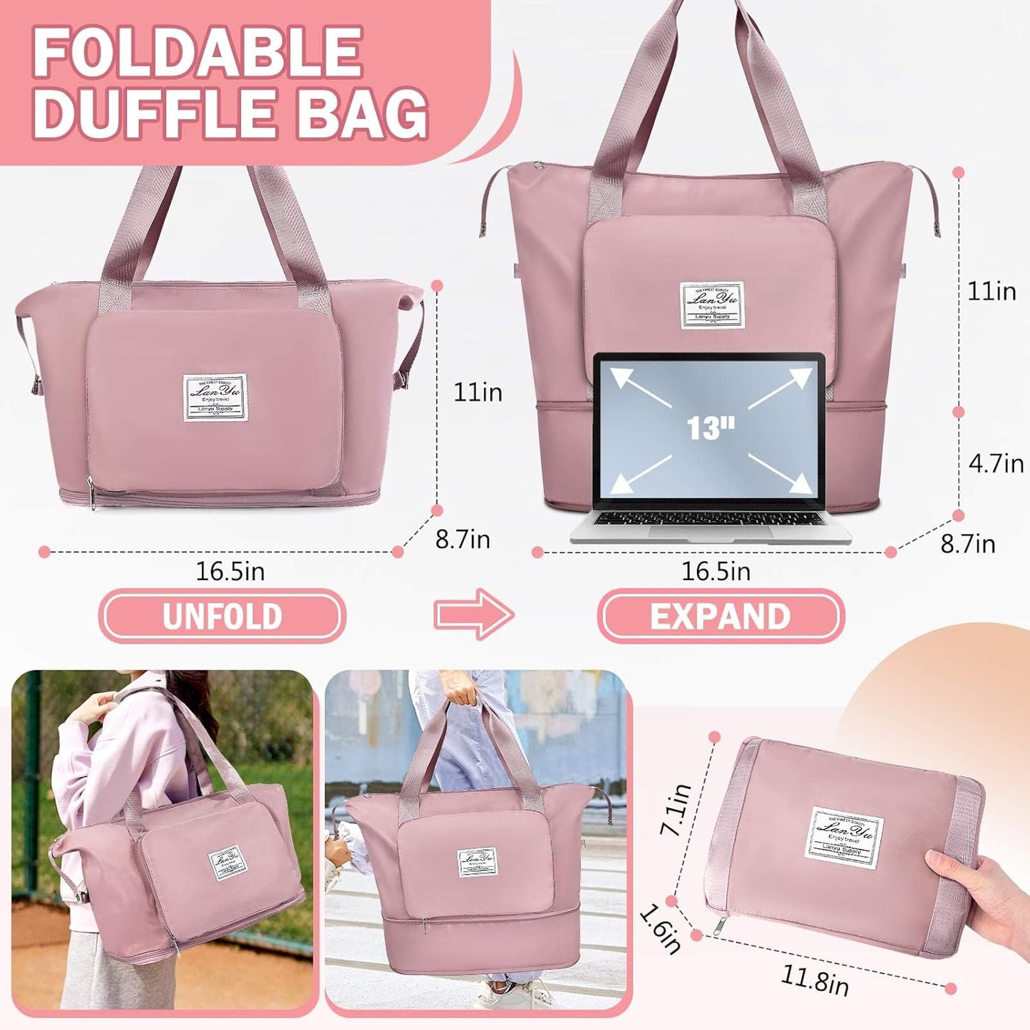 Ranslen Large Capacity Folding Travel Bag,Expansion Travel Duffel Bag with Dry and Wet Separation Portable Travel Duffel Bag