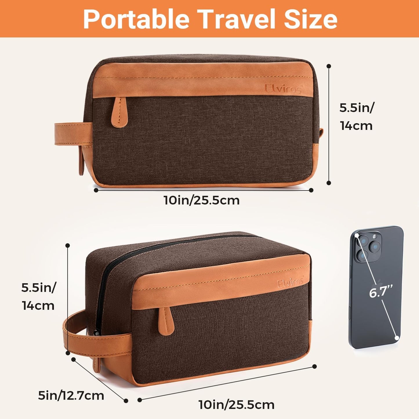 Elviros Travel Toiletry Bag for Men, Hanging Dopp Kit and Shaving Pouch, Waterproof PU Leather Mens Toiletry Travel Bag, Brown