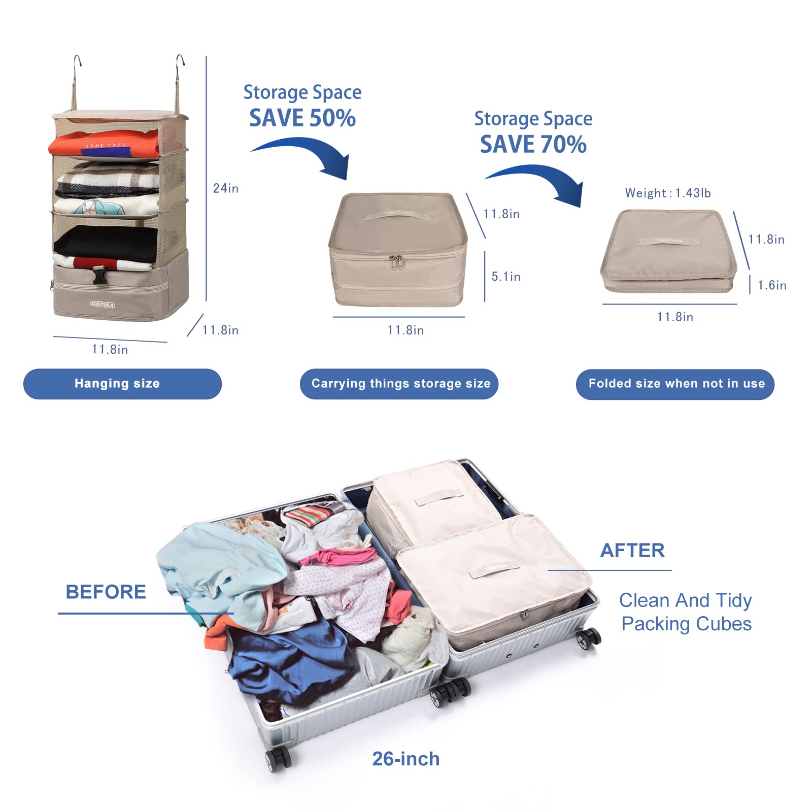 TABITORA Hanging Travel Shelves Bag Luggage Packing Cube Organizer Suitcase Storage Foldable with 2