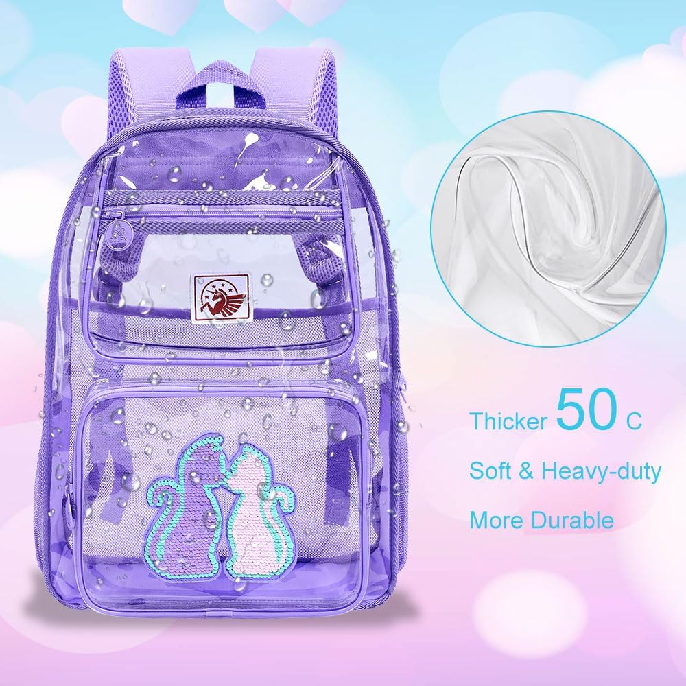 Clear Backpack for Girls and Boys, Kids Transparent Bookbag, 3PCS Cute See Through School Bag for Elementary Prechool