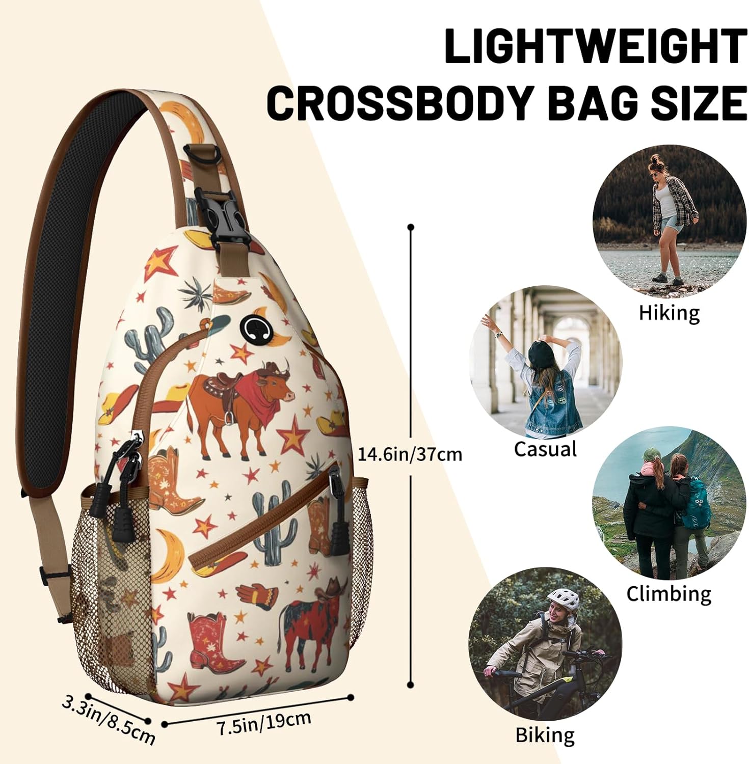 Brown Western Sling Bag Crossbody Chest Bag for Women Men, Water Resistant Lightweight Casual