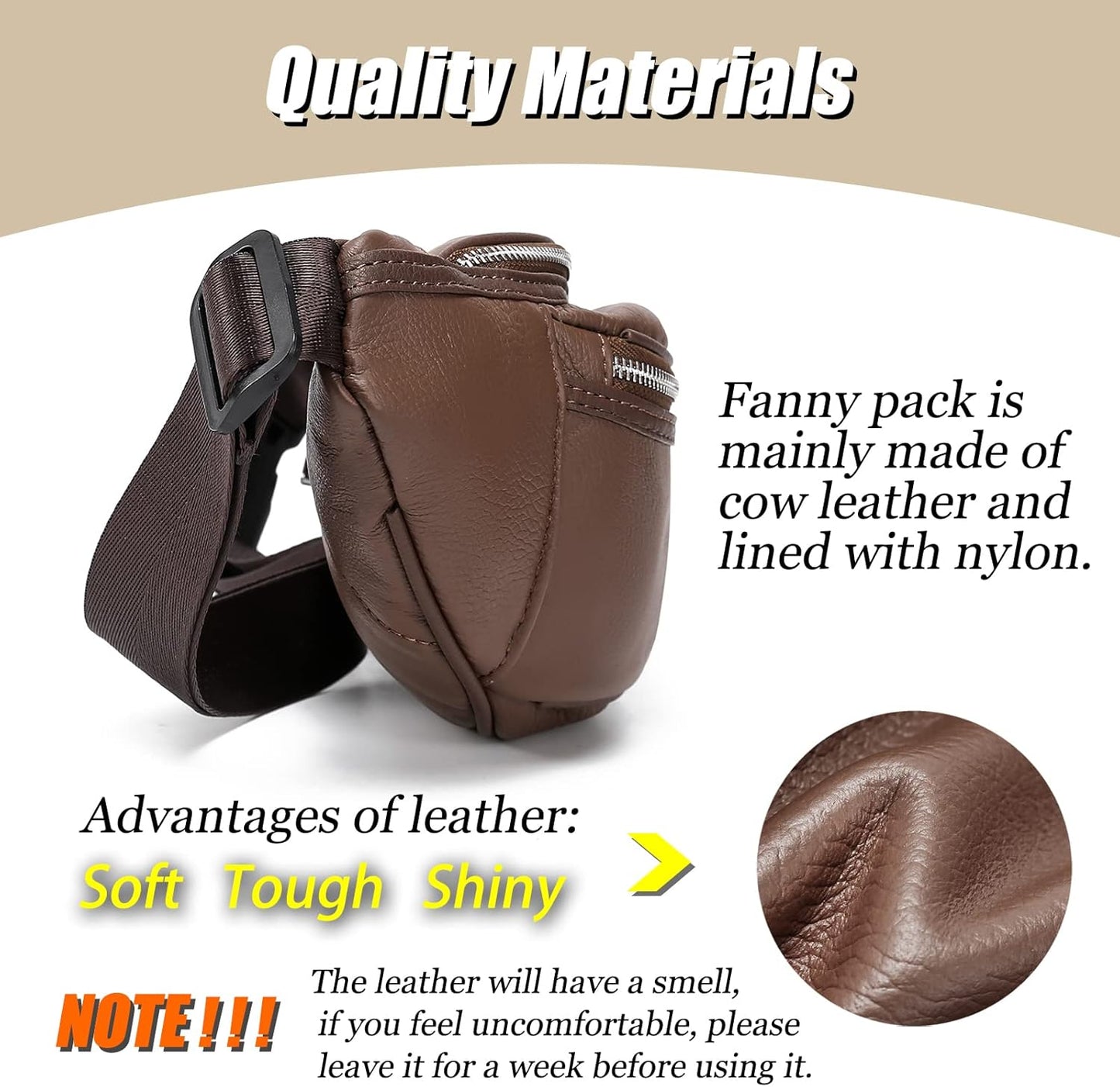 Brown Fanny Pack for Women Genuine Leather Multiple Pockets Metal Zippers Waist Bag for Travel Hiking Cycling Fishing Running