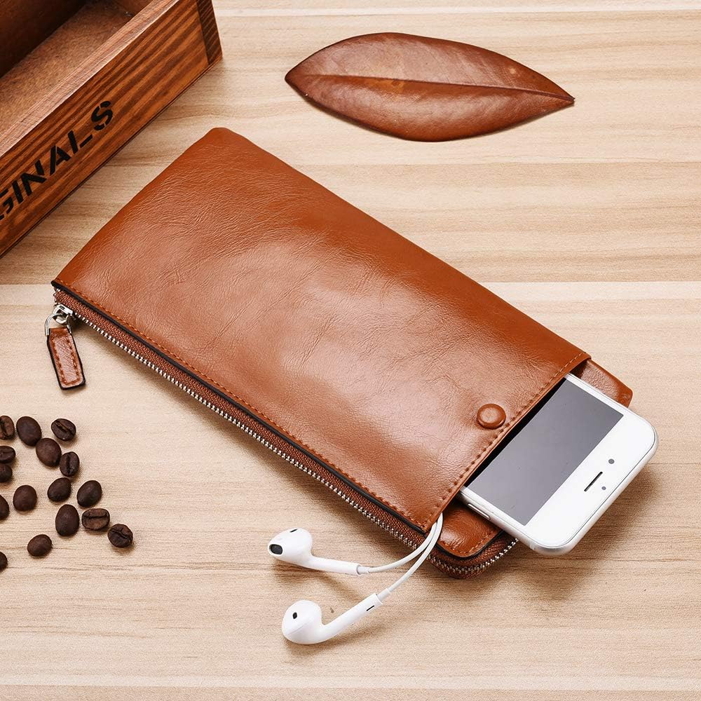 Minimalist Leather Wallets for Men Long Bifold Wallet Zip Around Clutch Travel Purse for Checkbook, Smartphone, Cash