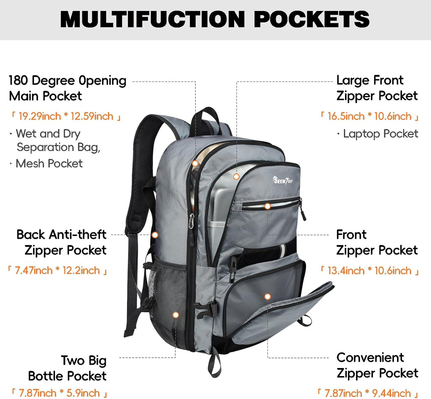 Seektop 40L Foldable Hiking Backpack for Women Men Lightweight Packable Travel Backpack Carry on Flight Approved for Outdoor Camping Sport Leisure (Gray)