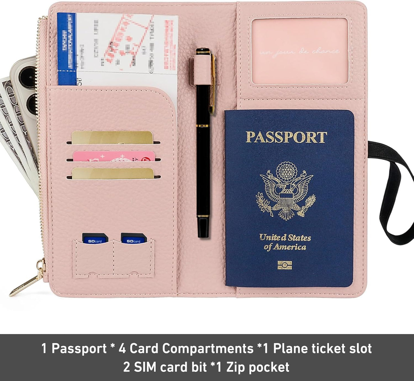 Real Leather Wallet RFID Blocking Passport Holder with Zipper Pocket Travel Organizer Pink (Pink)