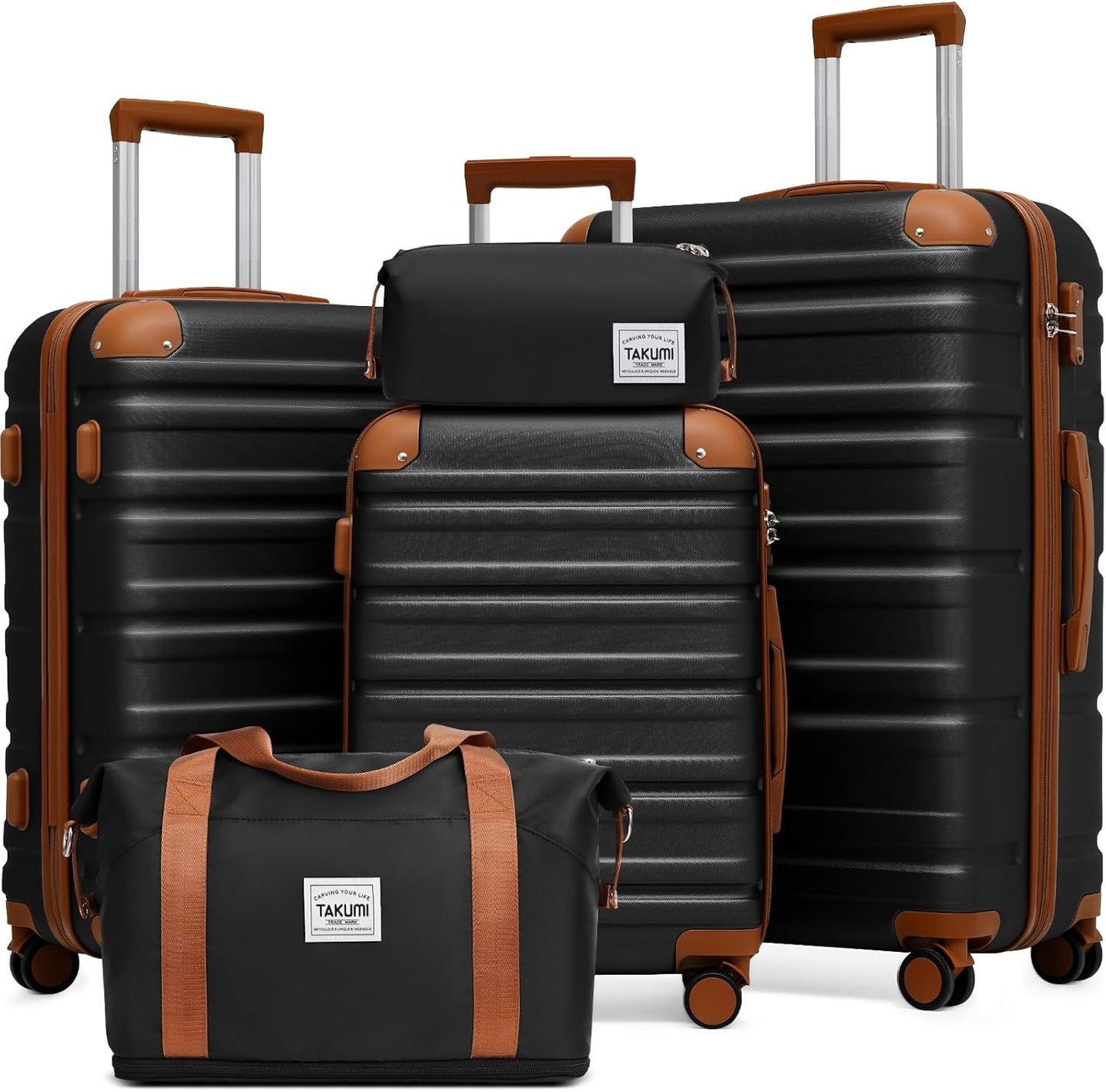 TAKUMI Luggage Sets 5 Piece Lightweight Carry On luggage with Duffel Bag ABS+PC Hardshell Suitcases with YKK zippers Double Spinner Wheels Travel Luggage with TSA Lock(BLACK BROWN, 5 PIECE SET)
